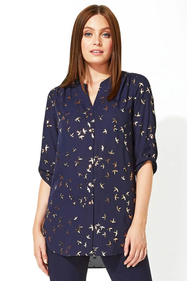 Women Midnight Blue Metallic Foil Bird Print Blouse Roman Tops