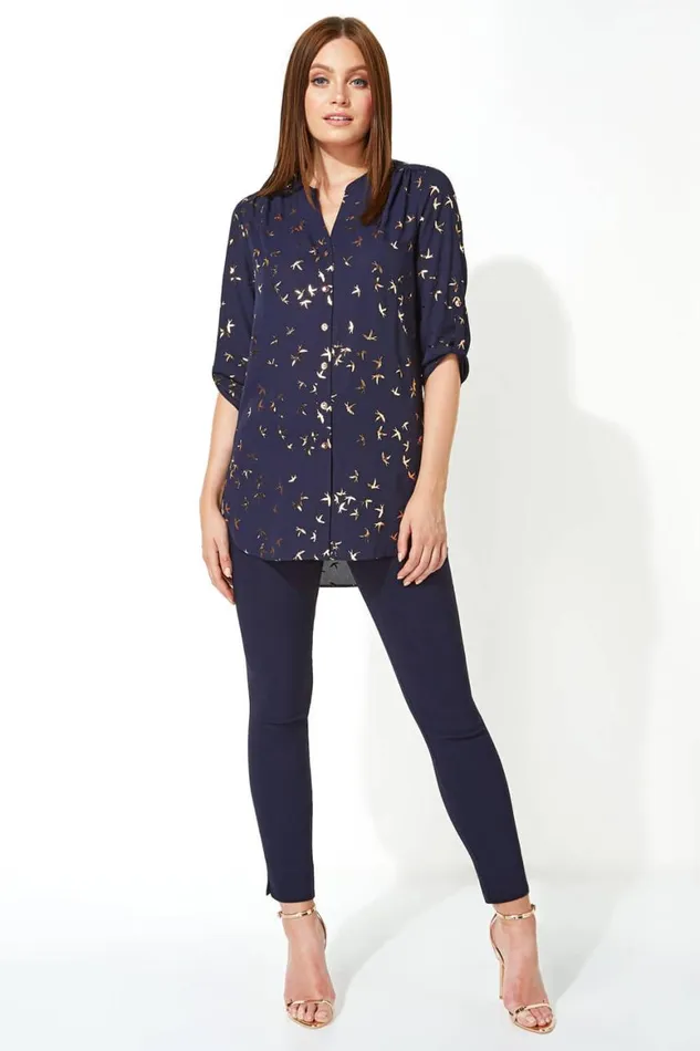 Women Midnight Blue Metallic Foil Bird Print Blouse Roman Tops