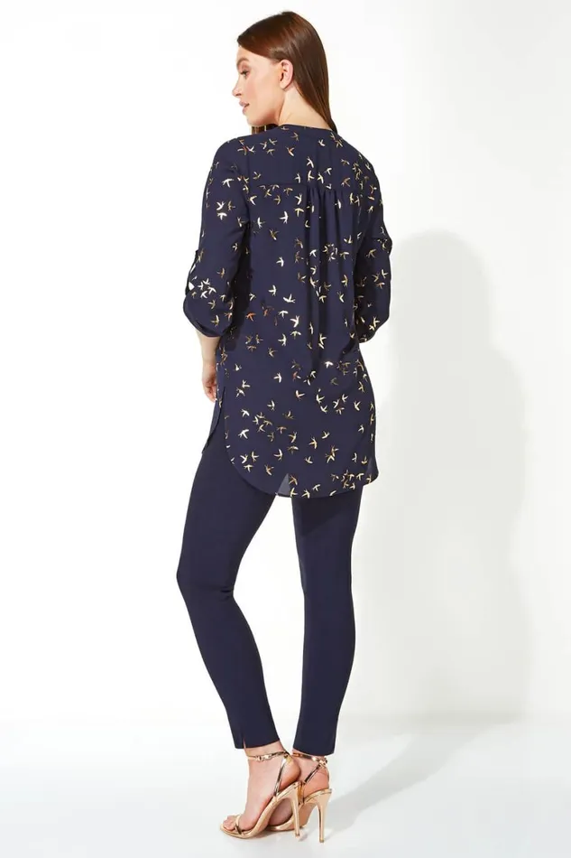 Women Midnight Blue Metallic Foil Bird Print Blouse Roman Tops