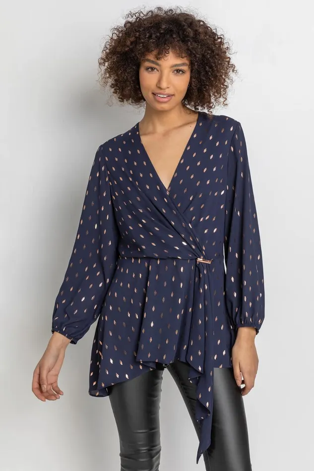 Women Midnight Blue Metallic Polka Dot Print Cross Over Top Roman Tops