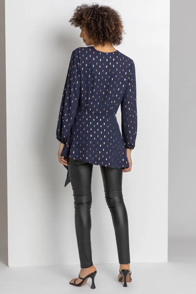 Women Midnight Blue Metallic Polka Dot Print Cross Over Top Roman Tops