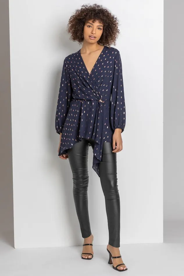 Women Midnight Blue Metallic Polka Dot Print Cross Over Top Roman Tops