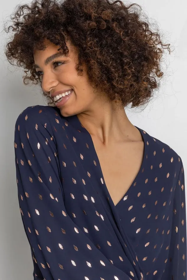 Women Midnight Blue Metallic Polka Dot Print Cross Over Top Roman Tops