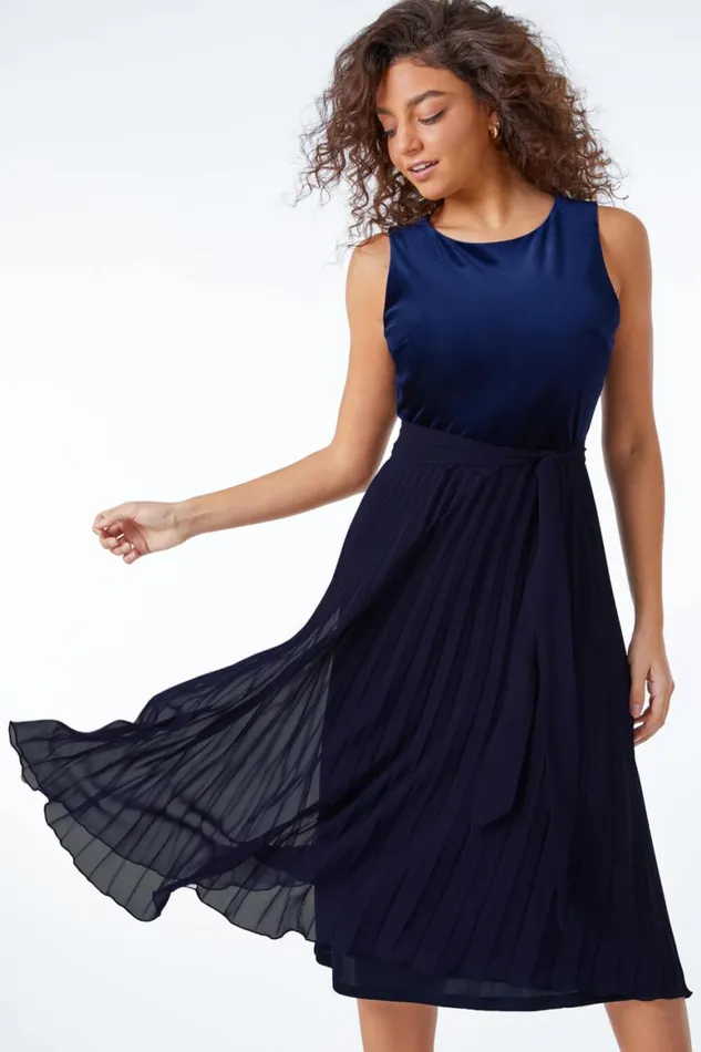 Women Midnight Blue Petite Velvet Pleated Midi Dress Roman Dresses