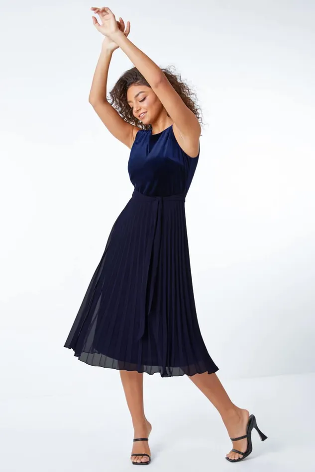 Women Midnight Blue Petite Velvet Pleated Midi Dress Roman Dresses