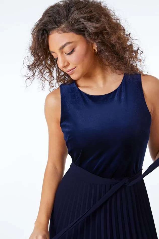 Women Midnight Blue Petite Velvet Pleated Midi Dress Roman Dresses