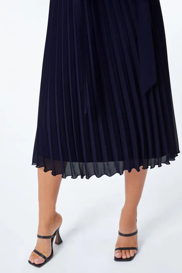 Women Midnight Blue Petite Velvet Pleated Midi Dress Roman Dresses