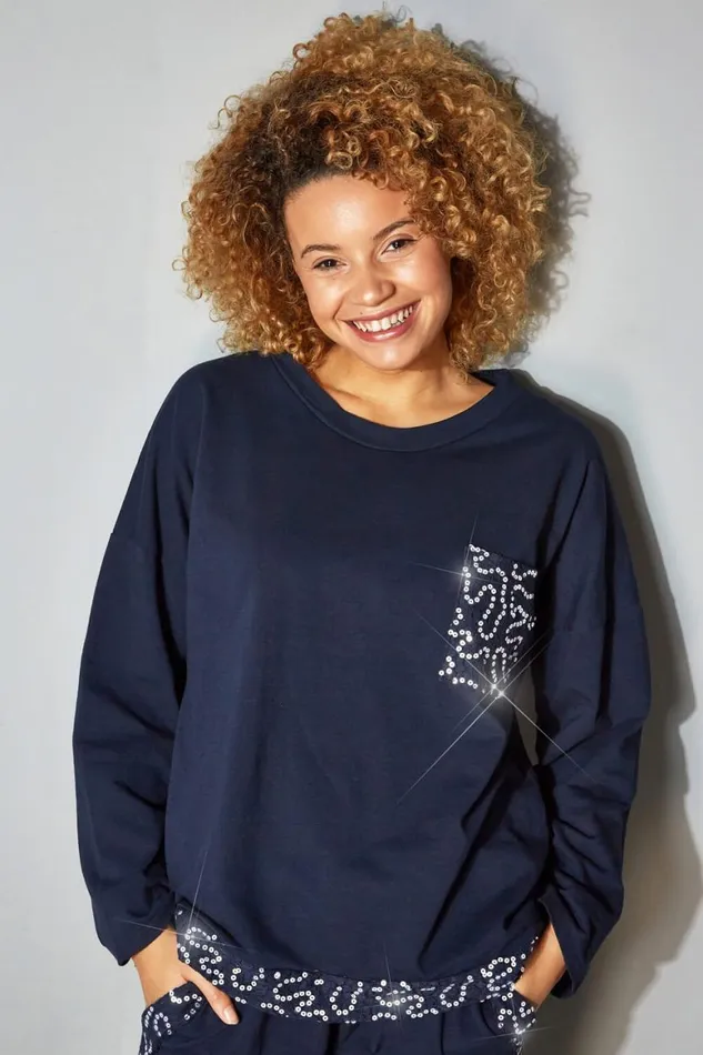 Women Midnight Blue Sequin Pocket Lounge Top Roman Tops