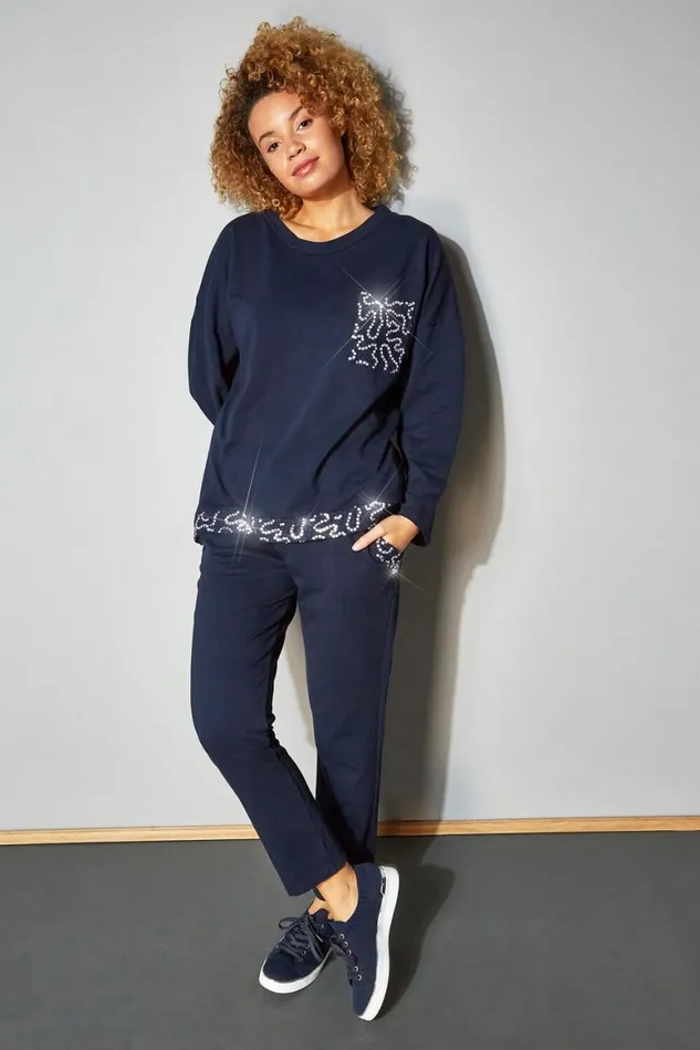Women Midnight Blue Sequin Pocket Lounge Top Roman Tops