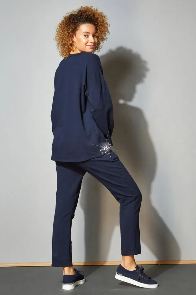 Women Midnight Blue Sequin Pocket Lounge Top Roman Tops