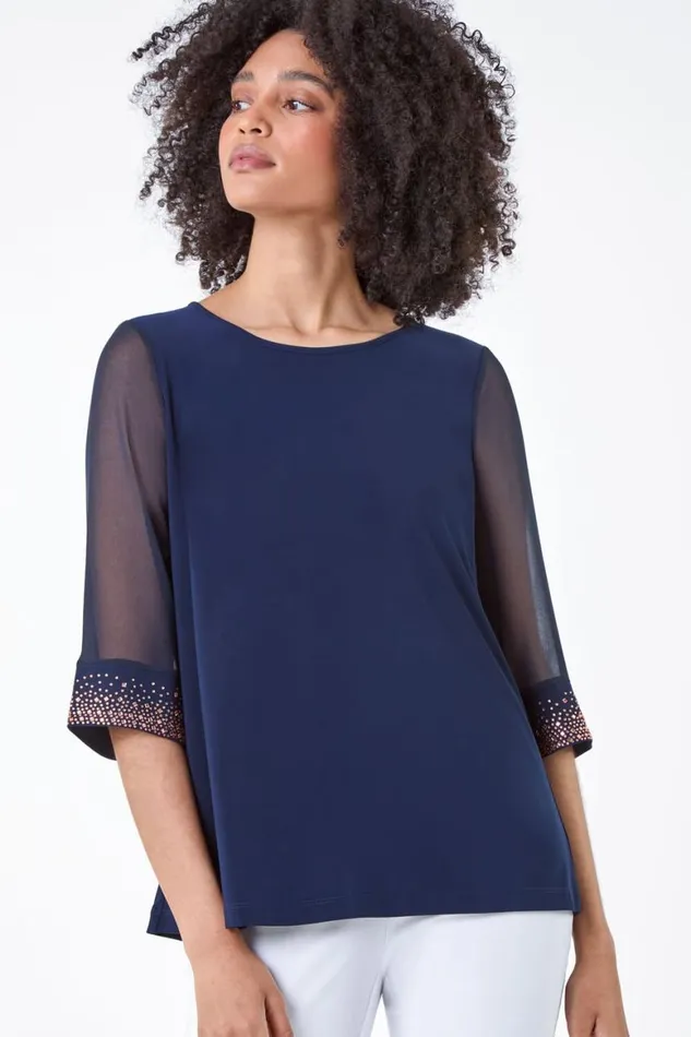 Women Midnight Blue Sparkle Embellished Cuff Chiffon Top Roman Tops