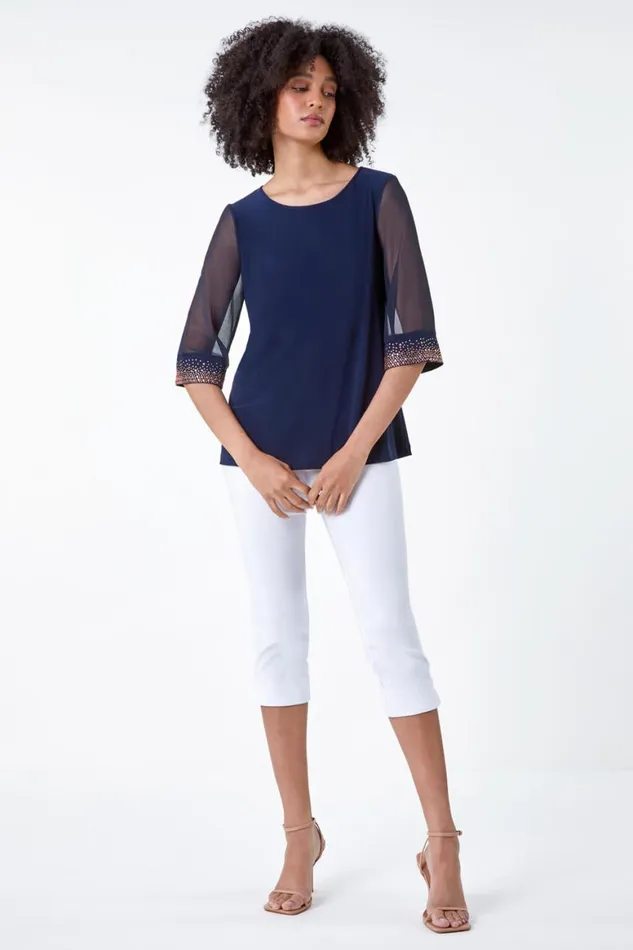 Women Midnight Blue Sparkle Embellished Cuff Chiffon Top Roman Tops