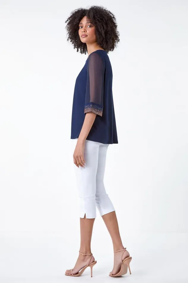 Women Midnight Blue Sparkle Embellished Cuff Chiffon Top Roman Tops