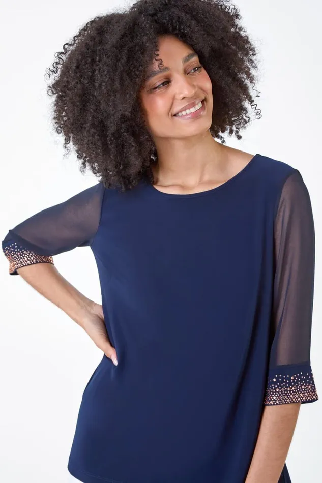 Women Midnight Blue Sparkle Embellished Cuff Chiffon Top Roman Tops