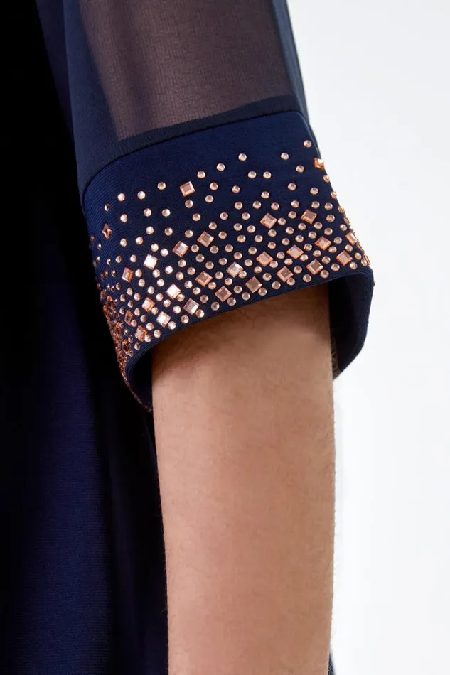 Women Midnight Blue Sparkle Embellished Cuff Chiffon Top Roman Tops