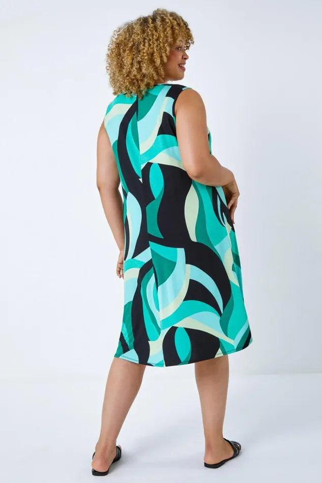 Women Mint Curve Abstract Print Swing Dress Roman Dresses