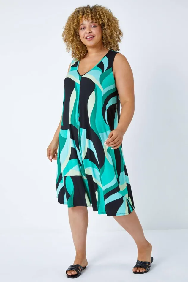 Women Mint Curve Abstract Print Swing Dress Roman Dresses