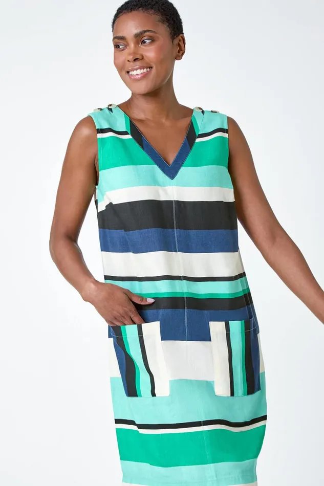 Women Mint Striped Cotton Blend Shift Dress Roman Dresses