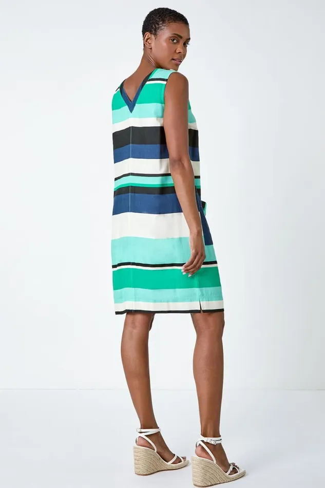 Women Mint Striped Cotton Blend Shift Dress Roman Dresses