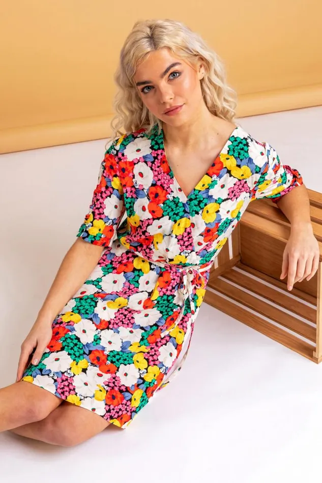 Women Multi Bold Floral Wrap Dress Roman Dresses