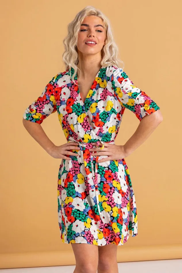 Women Multi Bold Floral Wrap Dress Roman Dresses