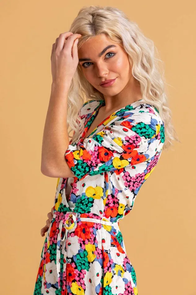 Women Multi Bold Floral Wrap Dress Roman Dresses