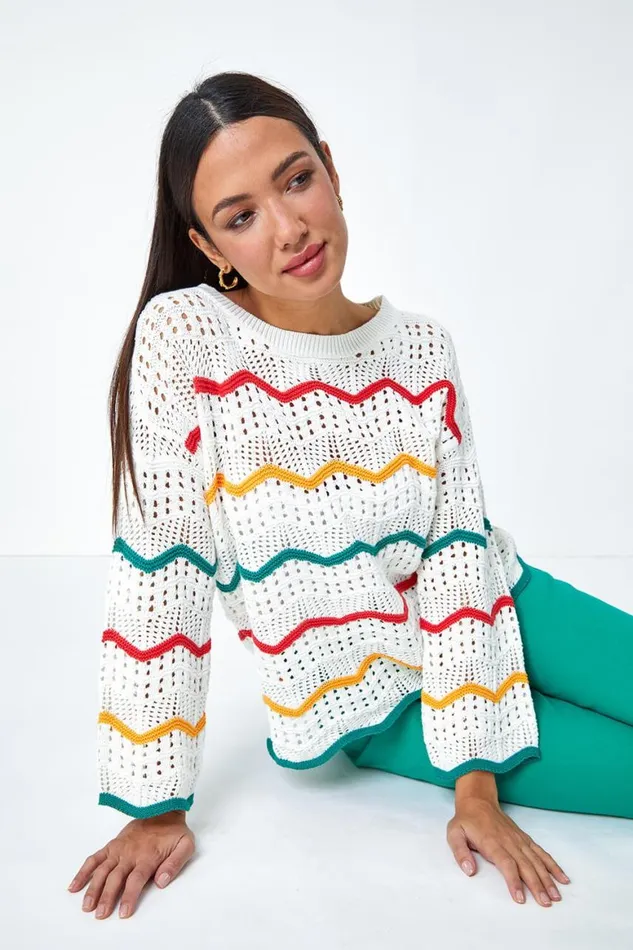 Women Multi Cotton Blend Stripe Print Crochet Jumper Roman Tops