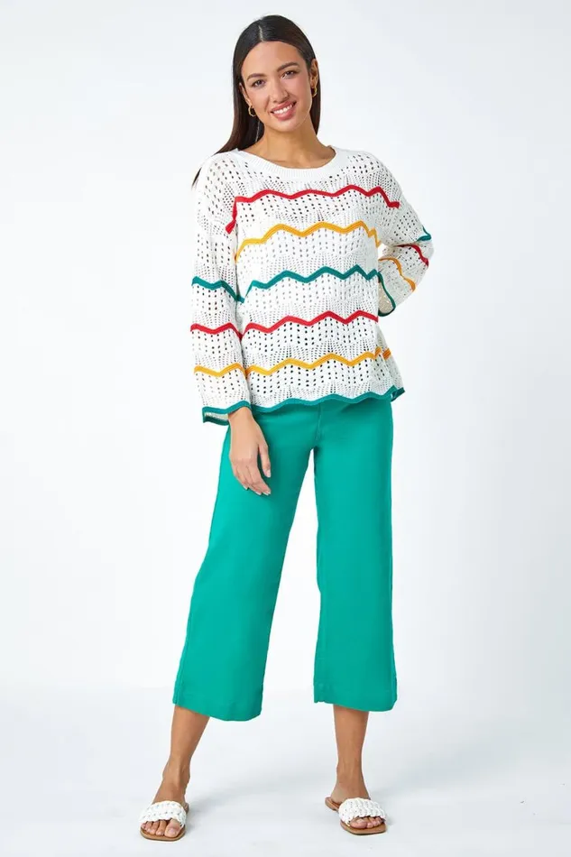 Women Multi Cotton Blend Stripe Print Crochet Jumper Roman Tops