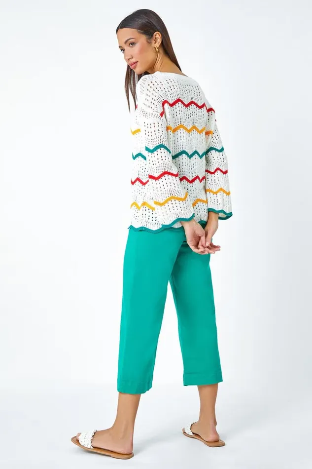 Women Multi Cotton Blend Stripe Print Crochet Jumper Roman Tops