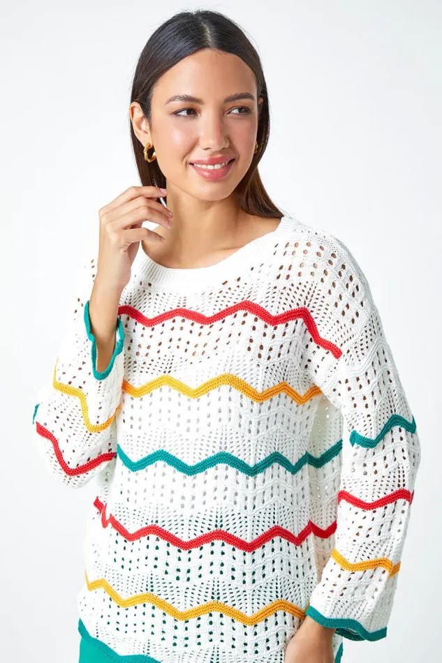 Women Multi Cotton Blend Stripe Print Crochet Jumper Roman Tops