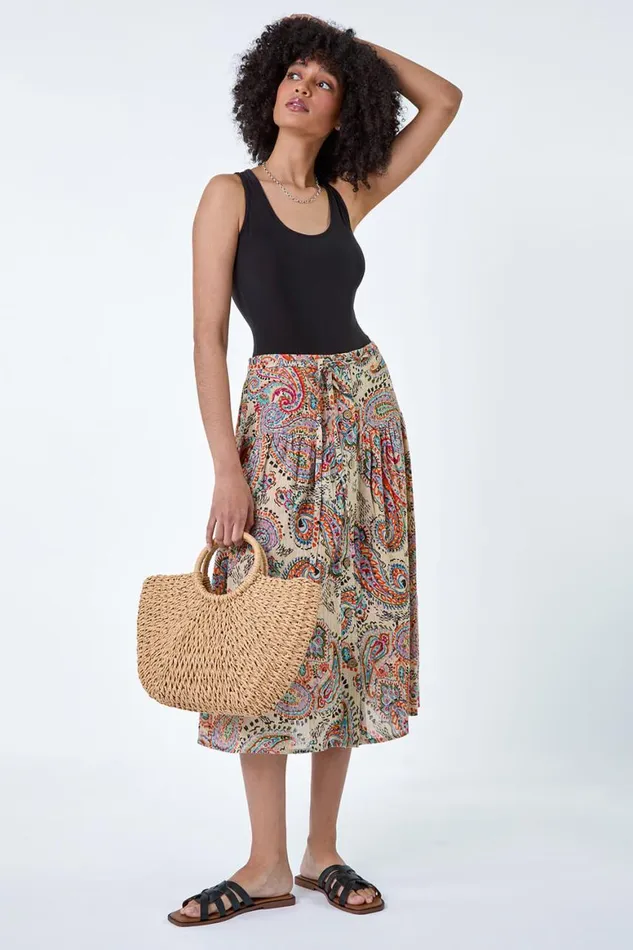 Women Multi Cotton Paisley Boho A Line Midi Skirt Roman Skirts