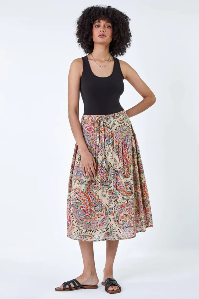 Women Multi Cotton Paisley Boho A Line Midi Skirt Roman Skirts