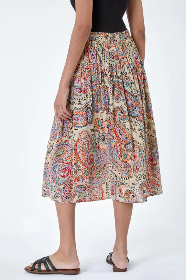Women Multi Cotton Paisley Boho A Line Midi Skirt Roman Skirts