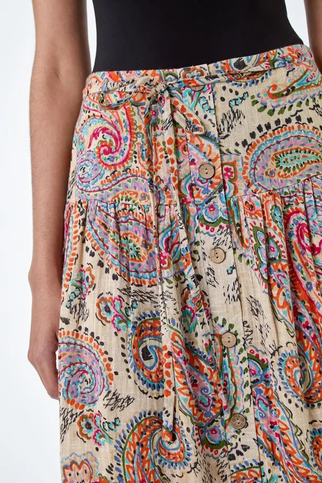 Women Multi Cotton Paisley Boho A Line Midi Skirt Roman Skirts