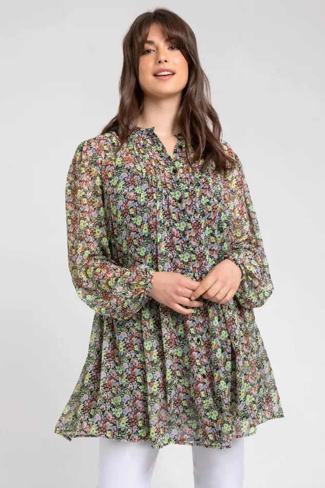Women Multi Curve Floral Button Through Blouse Roman Tops