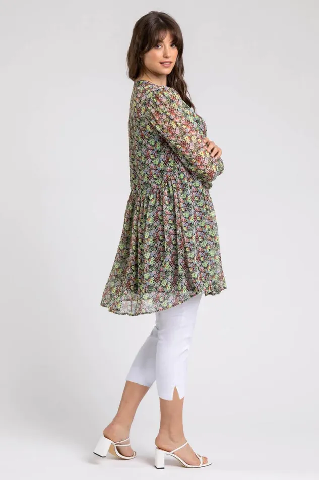 Women Multi Curve Floral Button Through Blouse Roman Tops