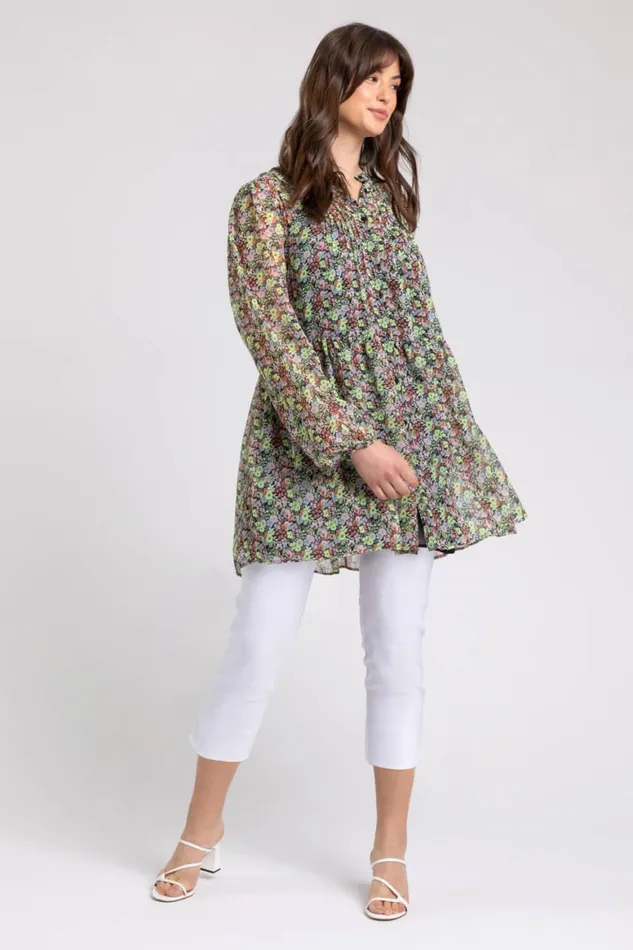 Women Multi Curve Floral Button Through Blouse Roman Tops