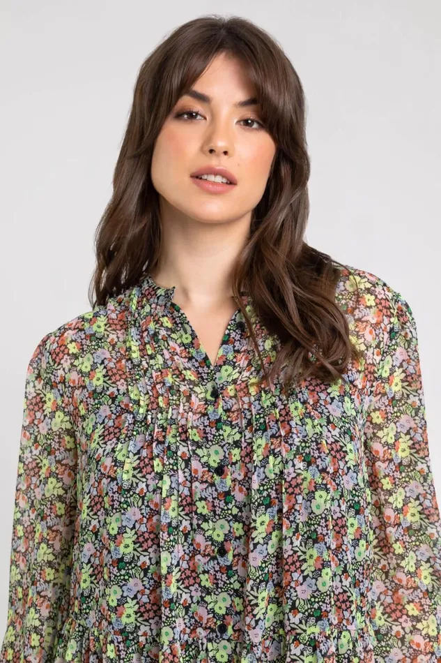Women Multi Curve Floral Button Through Blouse Roman Tops
