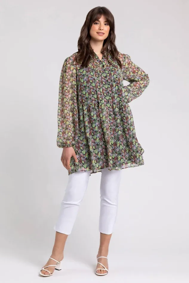 Women Multi Curve Floral Button Through Blouse Roman Tops
