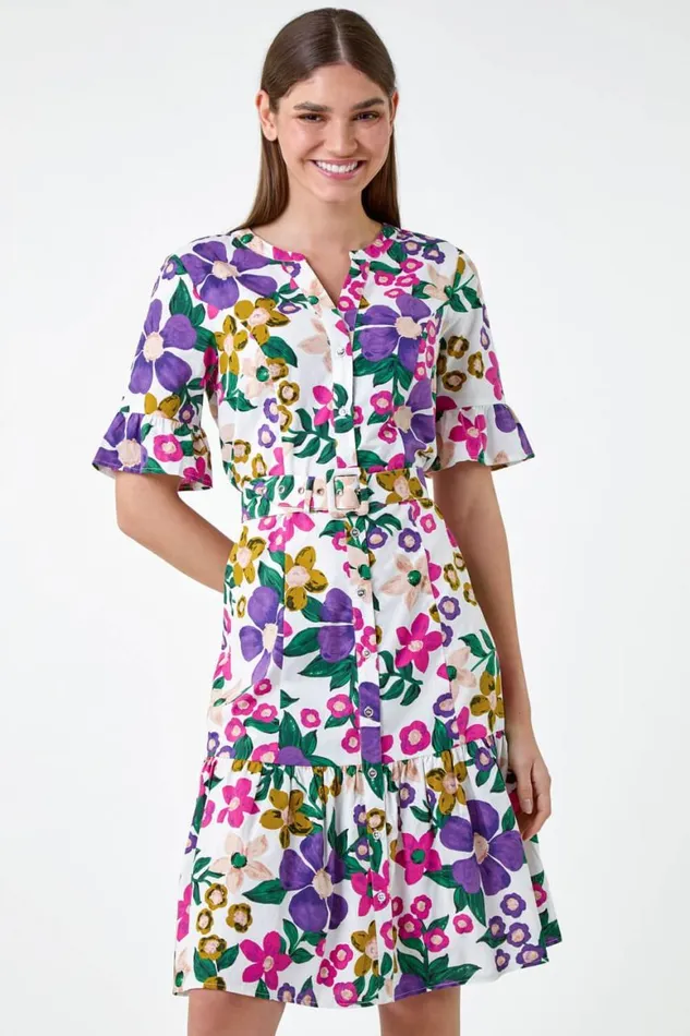 Women Multi Floral Frill Cotton Shirt Dress Roman Dresses