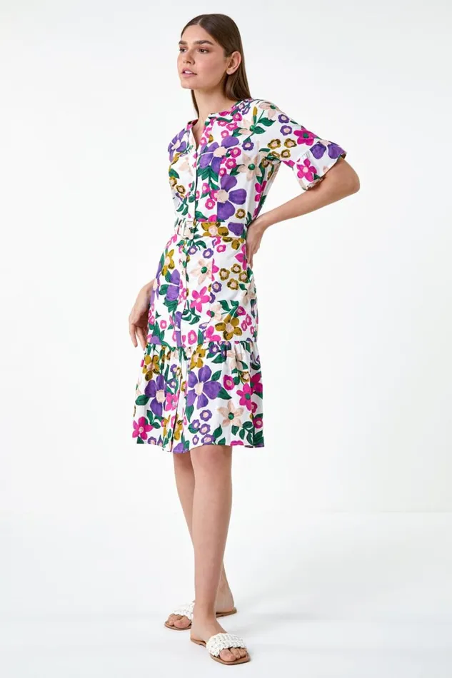 Women Multi Floral Frill Cotton Shirt Dress Roman Dresses