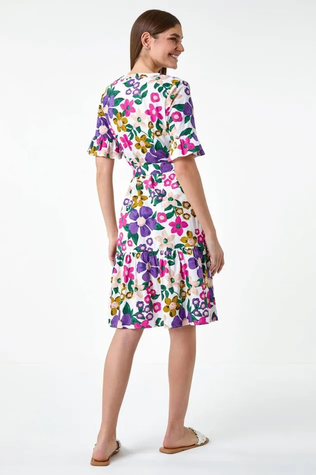 Women Multi Floral Frill Cotton Shirt Dress Roman Dresses