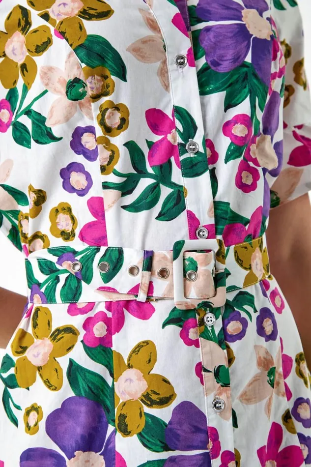 Women Multi Floral Frill Cotton Shirt Dress Roman Dresses