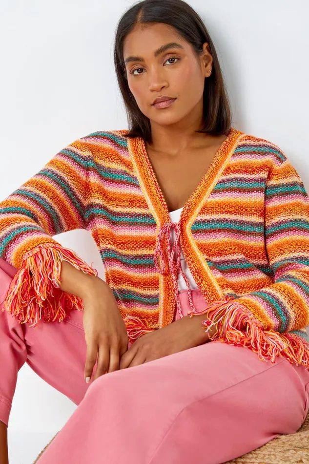 Women Multi Fringed Contrast VNeck Stripe Cardigan Roman Knitwear