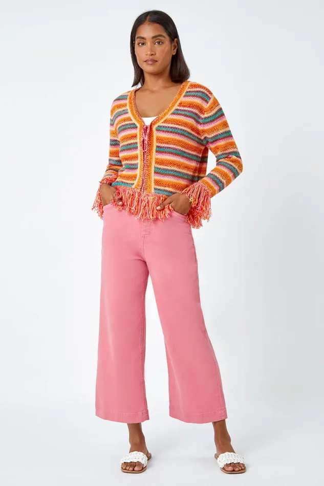 Women Multi Fringed Contrast VNeck Stripe Cardigan Roman Knitwear