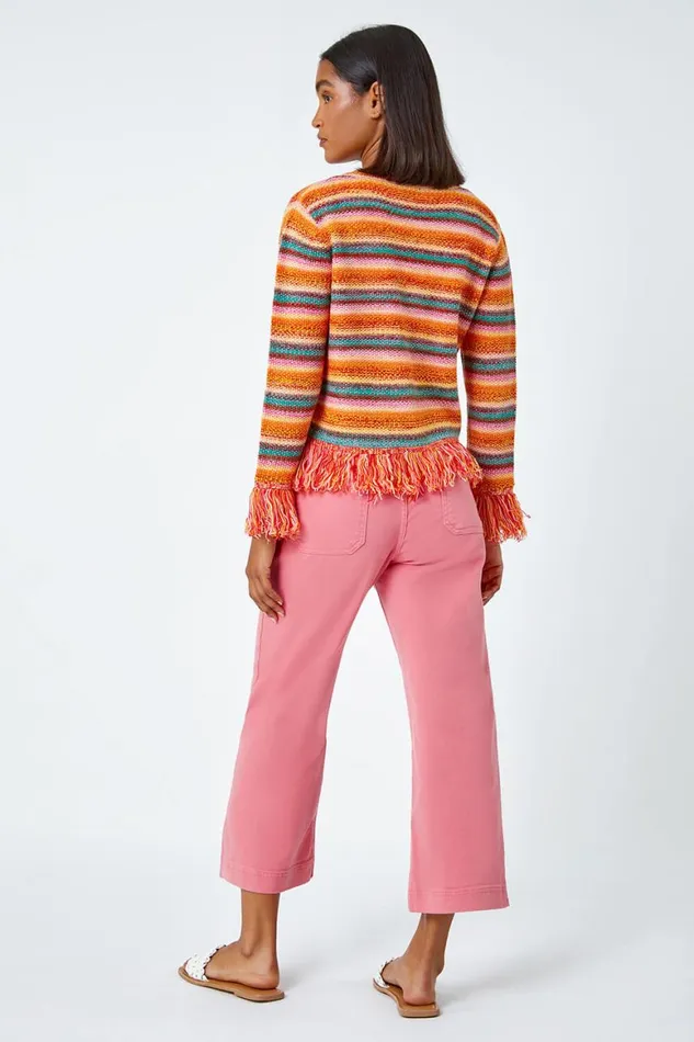 Women Multi Fringed Contrast VNeck Stripe Cardigan Roman Knitwear
