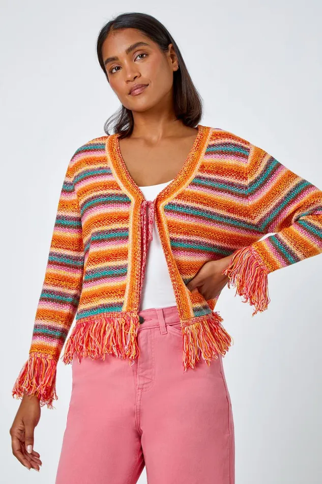 Women Multi Fringed Contrast VNeck Stripe Cardigan Roman Knitwear