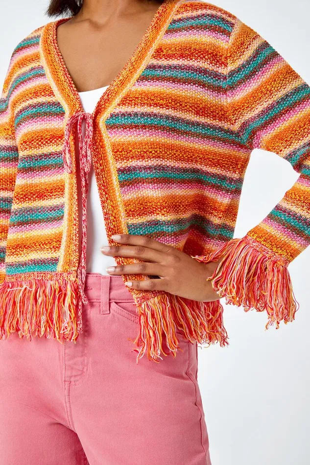Women Multi Fringed Contrast VNeck Stripe Cardigan Roman Knitwear
