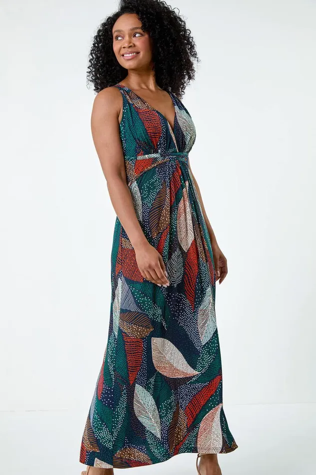 Women Multi Petite Leaf Print Stretch Maxi Dress Roman Dresses