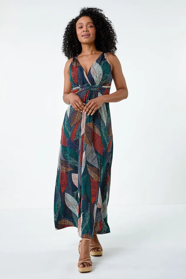 Women Multi Petite Leaf Print Stretch Maxi Dress Roman Dresses